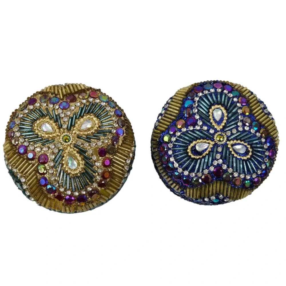 2 Vintage Beaded Bejeweled Trinket Boxes Round Domed Tins Iridescent Gold Blue
